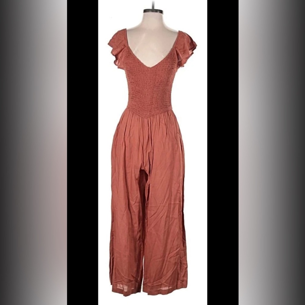 Jessica Simpson Rust Boho Smocked Jumpsuit | Flutter Sleeve Wide Leg Pockets